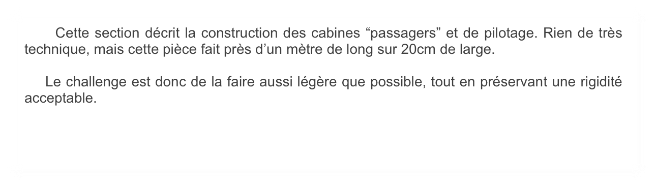      Cette section décrit la construction des cabines “passagers” et de pilotage. Rien de très technique, mais cette pièce fait près d’un mètre de long sur 20cm de large. 

    Le challenge est donc de la faire aussi légère que possible, tout en préservant une rigidité acceptable.
   