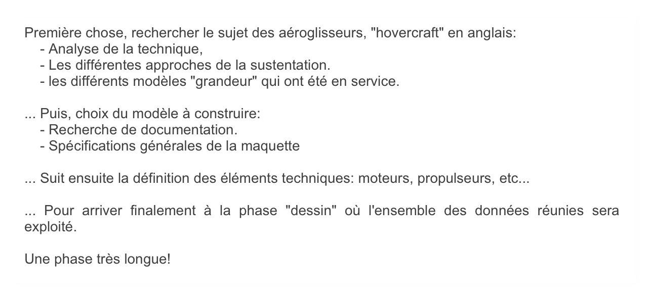 Première chose, rechercher le sujet des aéroglisseurs, "hovercraft" en anglais:
    - Analyse de la technique, 
    - Les différentes approches de la sustentation.
    - les différents modèles "grandeur" qui ont été en service.

... Puis, choix du modèle à construire:
    - Recherche de documentation.
    - Spécifications générales de la maquette

... Suit ensuite la définition des éléments techniques: moteurs, propulseurs, etc...

... Pour arriver finalement à la phase "dessin" où l'ensemble des données réunies sera exploité.

Une phase très longue! 