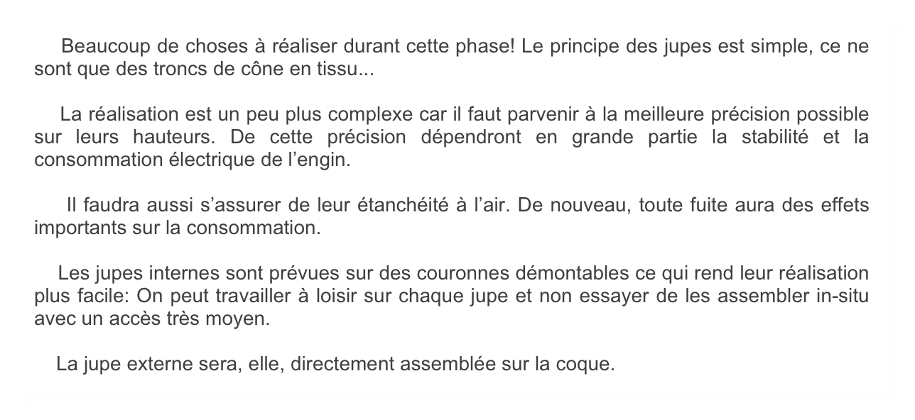     Beaucoup de choses à réaliser durant cette phase! Le principe des jupes est simple, ce ne sont que des troncs de cône en tissu... 
    
    La réalisation est un peu plus complexe car il faut parvenir à la meilleure précision possible sur leurs hauteurs. De cette précision dépendront en grande partie la stabilité et la consommation électrique de l’engin.

    Il faudra aussi s’assurer de leur étanchéité à l’air. De nouveau, toute fuite aura des effets importants sur la consommation.

    Les jupes internes sont prévues sur des couronnes démontables ce qui rend leur réalisation plus facile: On peut travailler à loisir sur chaque jupe et non essayer de les assembler in-situ avec un accès très moyen. 

    La jupe externe sera, elle, directement assemblée sur la coque.