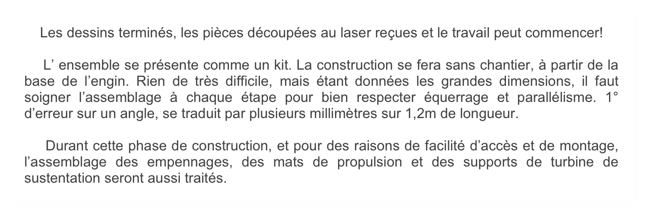     Les dessins terminés, les pièces découpées au laser reçues et le travail peut commencer!

    L’ ensemble se présente comme un kit. La construction se fera sans chantier, à partir de la base de l’engin. Rien de très difficile, mais étant données les grandes dimensions, il faut soigner l’assemblage à chaque étape pour bien respecter équerrage et parallélisme. 1° d’erreur sur un angle, se traduit par plusieurs millimètres sur 1,2m de longueur.

    Durant cette phase de construction, et pour des raisons de facilité d’accès et de montage, l’assemblage des empennages, des mats de propulsion et des supports de turbine de sustentation seront aussi traités.