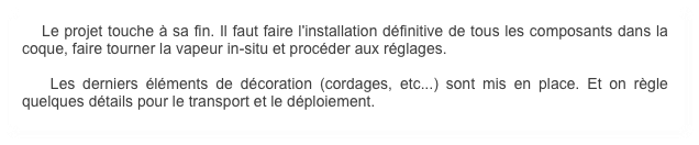     Le projet touche à sa fin. Il faut faire l'installation définitive de tous les composants dans la coque, faire tourner la vapeur in-situ et procéder aux réglages.

    Les derniers éléments de décoration (cordages, etc...) sont mis en place. Et on règle quelques détails pour le transport et le déploiement.