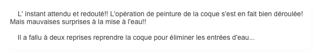     L' instant attendu et redouté!! L'opération de peinture de la coque s'est en fait bien déroulée! Mais mauvaises surprises à la mise à l'eau!!

    Il a fallu à deux reprises reprendre la coque pour éliminer les entrées d'eau...