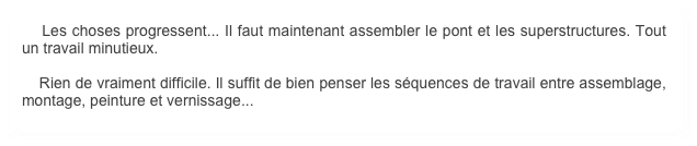     Les choses progressent... Il faut maintenant assembler le pont et les superstructures. Tout un travail minutieux.

    Rien de vraiment difficile. Il suffit de bien penser les séquences de travail entre assemblage, montage, peinture et vernissage...