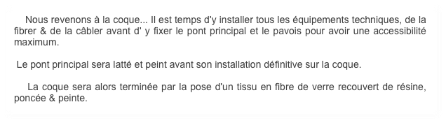     Nous revenons à la coque... Il est temps d'y installer tous les équipements techniques, de la fibrer & de la câbler avant d' y fixer le pont principal et le pavois pour avoir une accessibilité maximum.

 Le pont principal sera latté et peint avant son installation définitive sur la coque.

    La coque sera alors terminée par la pose d'un tissu en fibre de verre recouvert de résine, poncée & peinte.