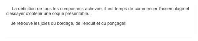     La définition de tous les composants achevée, il est temps de commencer l'assemblage et d'essayer d'obtenir une coque présentable... 

    Je retrouve les joies du bordage, de l'enduit et du ponçage!! 